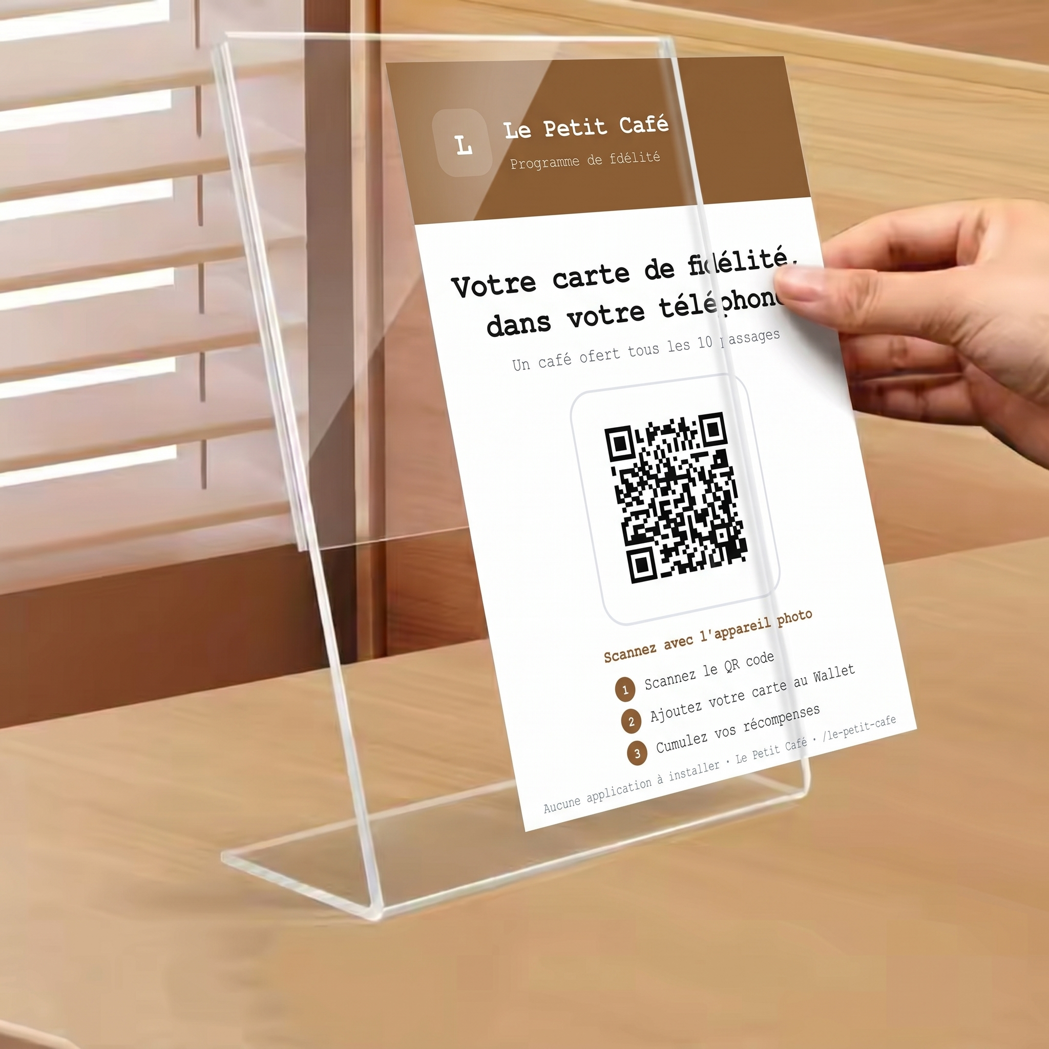 Affiche avec QR sur le comptoir